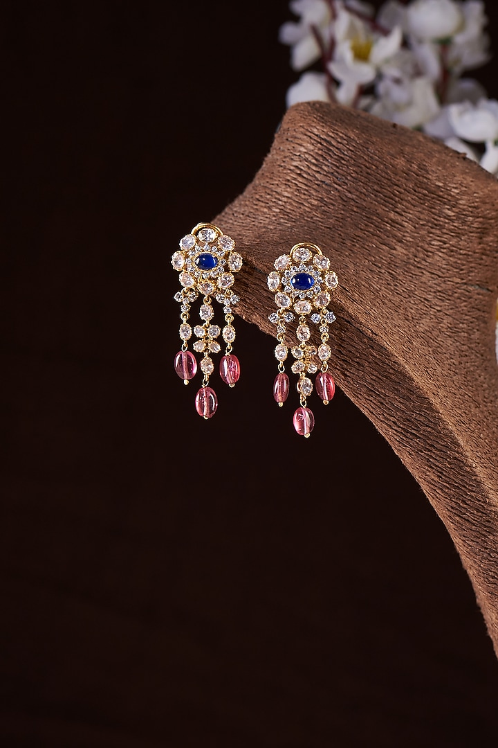 Gold Finish Moissanite Polki & Blue Stone Dangler Earrings In Sterling Silver by Hunar at Pernia's Pop Up Shop
